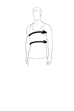 Eine Schwarzweißzeichnung einer Person, die ein ärmelloses Oberteil trägt. Sie zeigt zwei horizontale Pfeile um Brust und Taille, die möglicherweise Messbereiche anzeigen.
