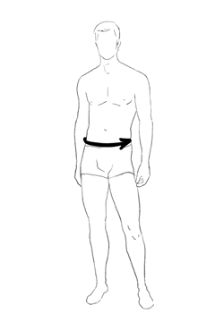Abbildung einer männlichen Figur mit einem Pfeil, der auf die Taille zeigt und die Taillenweite angibt. Die Figur ist in minimalen, monochromen Details dargestellt.