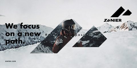 Ein Skifahrer mit Helm und Schutzbrille steht vor einer schneebedeckten Bergkulisse. Das Bild zeigt den Text „Wir konzentrieren uns auf einen neuen Weg. #mymountainpassion“ und das Zanier-Logo in der oberen rechten Ecke.