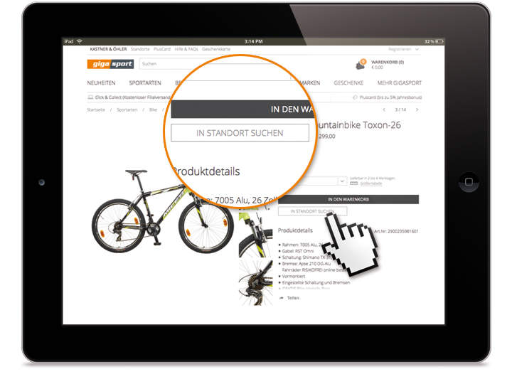 Tablet-Bildschirm mit einer Shopping-Website mit einem Suchfeld, das durch einen orangefarbenen Kreis hervorgehoben ist. Auf der Seite sind ein Fahrradbild, Produktdetails und ein großer Handcursor sichtbar.