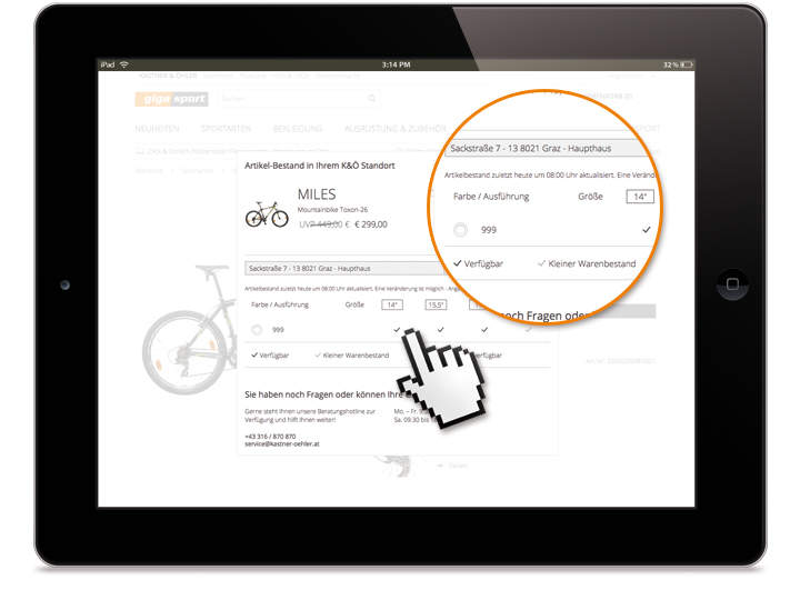 Auf einem Tablet-Bildschirm wird eine Online-Shopping-Seite für ein Fahrrad angezeigt. Ein Cursor in Handform zeigt auf Optionen zur Auswahl von Filialstandort, Farbe und Größe. Ein vergrößerter Abschnitt hebt Text über den Standort „Sackstraße 7, 8017 Graz - Haupthaus“ hervor.