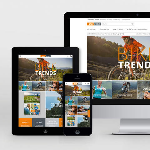 Responsive Website, die auf einem Desktop-Computer, Tablet und Smartphone angezeigt wird. Die Bildschirme zeigen eine Website mit Outdoor-Sportthemen, darunter Radfahren und Laufen, mit verschiedenen Bildern und Navigationsoptionen.