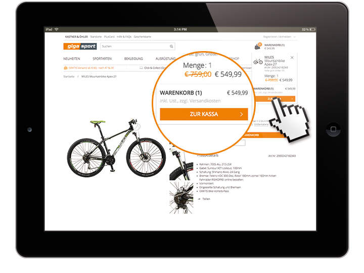 Tablet-Bildschirm mit einer Online-Shopping-Seite für ein schwarzes Fahrrad. Der Preis ist von 759,00 € auf 549,99 € reduziert. Es gibt eine Schaltfläche „Zur Kasse“, um mit dem Kauf fortzufahren, und ein Handcursor zeigt auf die Schaltfläche.