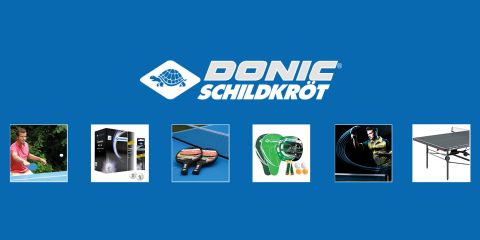 Blauer Hintergrund mit dem Logo „Donic Schildkröt“ oben. Darunter zeigen sechs Bilder eine Person, die Tischtennis spielt, verpackte Produkte, Tischtennisschläger, Schutzausrüstung, eine Action-Aufnahme eines Spielers und einen Pingpong-Tisch.