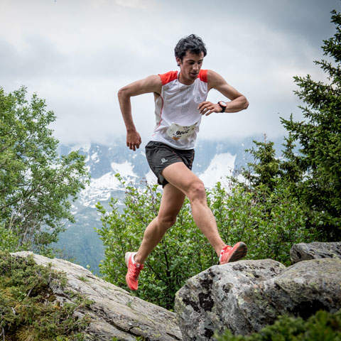 Eine Person in Sportkleidung läuft energisch über felsiges Gelände. Sie ist umgeben von üppigem Grün und in der Ferne sind schneebedeckte Berge unter einem bewölkten Himmel zu sehen.