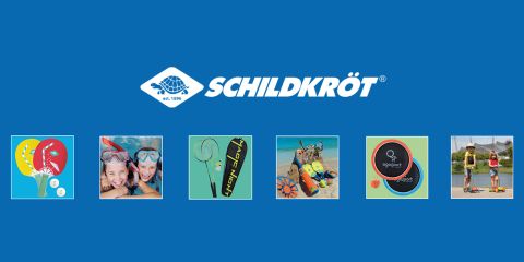 Logo von „Schildkröt“ mit Schildkrötensymbol und „est. 1896“. Darunter sind fünf Bilder: Tischtennisschläger und Bälle, Kinder mit Schnorchelausrüstung, eine Angelrute, Strandausrüstung und zwei Personen auf Hoverboards. Blauer Hintergrund.