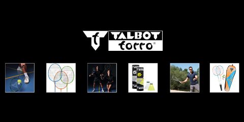 Talbot Torro-Logo mit Bildern unten, die Badminton-Produkte zeigen, darunter Schläger, Spieler mit Ausrüstung, ein Badmintonnetz, Federbälle und Outdoor-Aktivitäten.