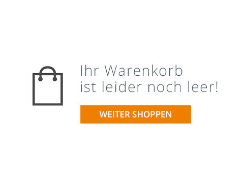 Eine Illustration eines leeren Einkaufstaschensymbols mit dem deutschen Text „Ihr Warenkorb ist leider noch leer!“ und darunter ein orangefarbener Knopf mit der Aufschrift „WEITER SHOPPEN“.