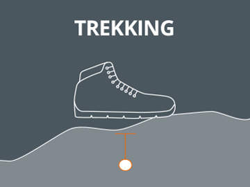 Abbildung eines Wanderschuhs mit weißer Umrandung vor dunkelgrauem Hintergrund. Der Schuh steht auf einem stilisierten, unebenen grauen Gelände. Darüber steht in fetten weißen Buchstaben das Wort „TREKKING“.