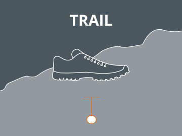 Abbildung eines Sneakers mit robuster Sohle auf einer geneigten Oberfläche mit der Aufschrift „TRAIL“, was auf ein Trailschuh-Design hinweist.