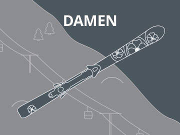 Abbildung eines Skis mit Blumenmuster vor einem grauen und dunkelblauen Hintergrund. Darüber steht das Wort „DAMEN“ und im Hintergrund sind Umrisse von schneebedeckten Bergen, Bäumen, Skiliften und Gondeln zu sehen.