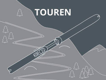 Abbildung eines Trekkingstocks mit Bergen und Bäumen im Hintergrund. Oben wird das Wort „TOUREN“ angezeigt. Die Szene ist in Grau gehalten und zeigt einen gewundenen Pfad.