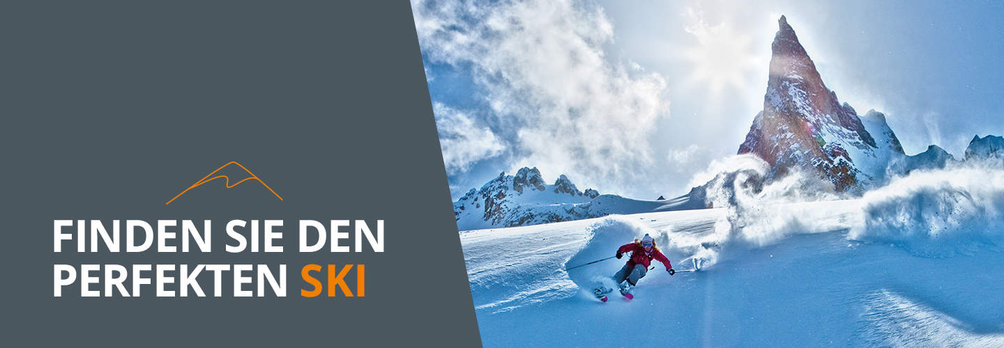 Ein Skifahrer in roter Ausrüstung fährt im hellen Sonnenlicht einen schneebedeckten Hang hinunter und erzeugt dabei eine Schneespritze. Im Hintergrund erhebt sich ein scharfer, felsiger Berggipfel. Der Text auf der linken Seite lautet „FINDEN SIE DEN PERFEKTEN SKI“ mit einer orangefarbenen Strichzeichnung eines Berges darüber.