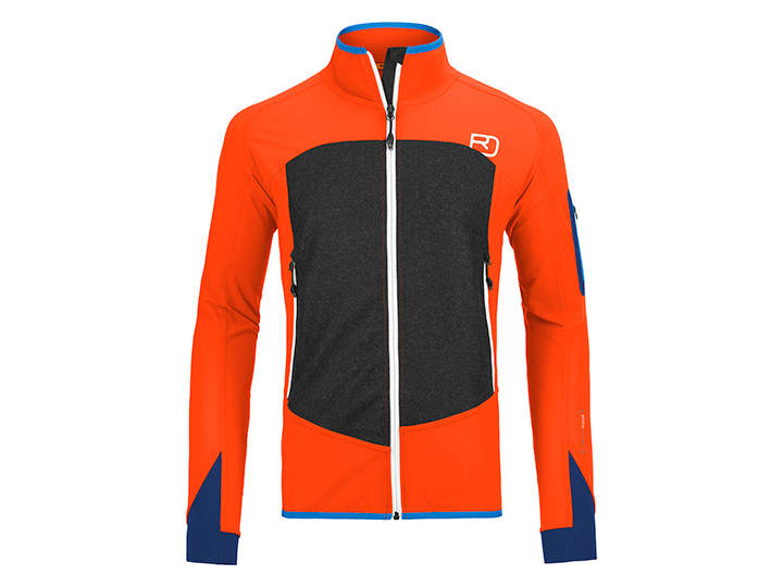 Orange-schwarze Jacke mit hohem Kragen und Reißverschluss vorne, mit kontrastierenden blauen Akzenten an den Manschetten, dem Kragenfutter und den Ärmeln. Die Jacke hat ein sportliches und tailliertes Design mit einem Logo auf der oberen linken Brust.