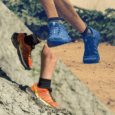 Ein geteiltes Bild zeigt einen Läufer mit orangefarbenen Trailrunning-Schuhen auf felsigem Untergrund und einen anderen Läufer mit blauen Trailrunning-Schuhen auf einem Feldweg. Beide sind mitten im Schritt, was den Kontrast zwischen dem Untergrund und den Schuhen betont.