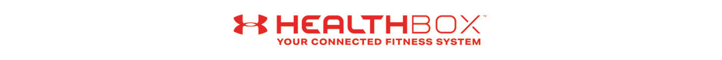 Under Armour-Logo mit „HEALTHBOX“ in fetten roten Buchstaben, gefolgt von „IHR VERBUNDENES FITNESSSYSTEM“ in kleinerem roten Text darunter.