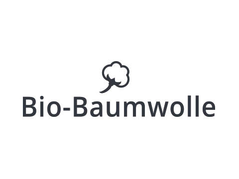 Das Bild zeigt den Text „Bio-Baumwolle“ mit einer einfachen Grafik einer Baumwollpflanze darüber, alles auf weißem Hintergrund.