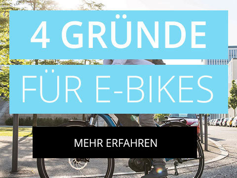Helles Bild mit großem Text „4 Gründe für E-Bikes“ in Blau auf einem blassen Hintergrund, der eine Person auf einem Fahrrad zeigt. Darunter befindet sich ein schwarzes Kästchen mit weißem Text „Mehr erfahren“.