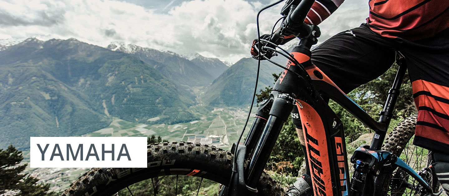 Eine Person in rot-schwarzer Radsportbekleidung sitzt auf einem Mountainbike und blickt auf ein weites Tal mit schneebedeckten Bergen und bewölktem Himmel. Auf der linken Seite des Bildes ist das Wort „YAMAHA“ zu sehen.