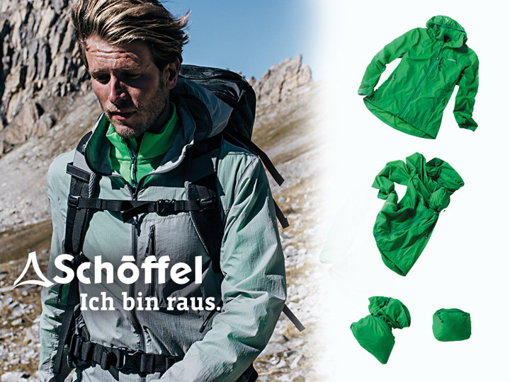 Ein Wanderer in einer grau-grünen Schöffel-Jacke läuft auf einem felsigen Bergpfad. Rechts sind mehrere grüne Schöffel-Kleidungsstücke auf weißem Hintergrund abgebildet. Der Text „Schöffel Ich bin raus.“ ist zu sehen.