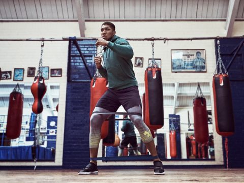 Ein Mann in Sportkleidung trainiert in einem Fitnessstudio Boxen. Er steht in Kampfhaltung, umgeben von roten Boxsäcken, die von der Decke hängen. Der Raum hat hohe Decken und an den Wänden hängen mehrere gerahmte Fotos.