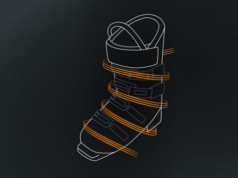 Abbildung eines Skischuhs mit weißer Umrandung auf dunklem Hintergrund. Orangefarbene, geschwungene Linien umhüllen den Schuh und betonen Designmerkmale wie Riemen und Schnallen.