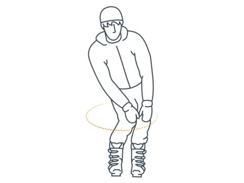 Abbildung einer Person beim Skifahren, die einen Helm, eine Schutzbrille und Winterkleidung trägt. Ihre Knie sind gebeugt und sie trägt Skischuhe. Eine orange gestrichelte Linie umgibt ihre Taille und zeigt eine Bewegung oder Drehung der Hüfte an.
