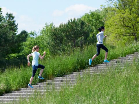 Zwei Frauen in Sportkleidung laufen eine Steintreppe im Freien hinauf, umgeben von Grün. Eine Frau trägt ein hellblaues Hemd und schwarze Leggings, die andere ein weißes Hemd und dunkelblaue Leggings. Es ist ein sonniger Tag mit Bäumen im Hintergrund.