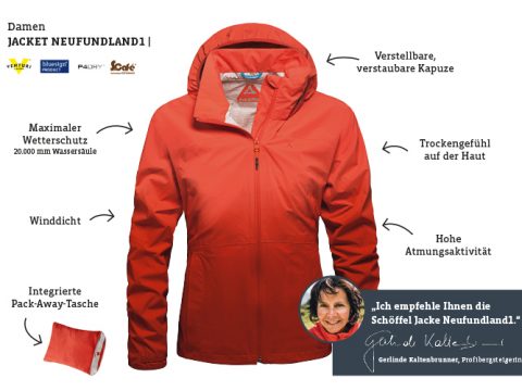 Rote Damenjacke mit abnehmbarer Kapuze, wasserdichtes Gewebe, winddichtes und atmungsaktives Design. Mit verstaubarer Tasche. Der Text enthält Empfehlungen von Marken und ein Testimonial von Gerlinde Kaltenbrunner auf Deutsch.