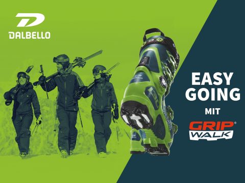 Ein Werbebild für Dalbello, das drei Personen zeigt, die mit Skiern auf den Schultern laufen. Eine Nahaufnahme eines grünen Skischuhs mit der Aufschrift „Grip Walk“ ist deutlich zu sehen. Der Text lautet „Easy Going mit Grip Walk“. Der Hintergrund ist grün und dunkelblau.