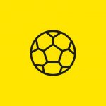 Illustration eines Fußballs mit schwarzem Umriss auf leuchtend gelbem Hintergrund.
