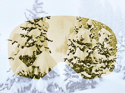 Schneebedeckte immergrüne Bäume sind durch die gelbe Tönung der Skibrille zu sehen und verschmelzen mit einer größeren Schneelandschaft. Die Brille sorgt für Kontrast und hebt die Details der Bäume vor einem weißen, winterlichen Hintergrund hervor.