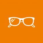 Weißes Brillensymbol auf orangefarbenem Hintergrund.