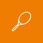 Eine weiße Strichzeichnung eines Badmintonschlägers auf orangefarbenem Hintergrund.