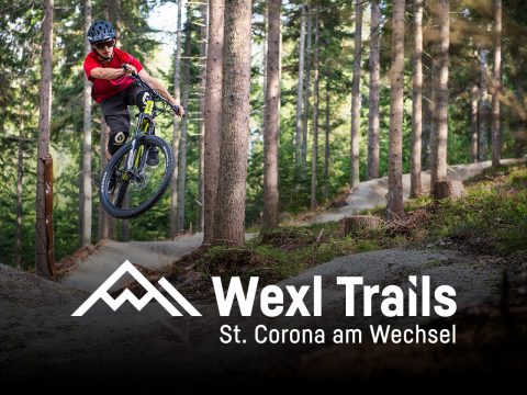 Ein Radfahrer mit rotem Shirt und Helm springt auf einem Mountainbike-Trail, der von hohen Bäumen umgeben ist. Der Text lautet: „Wexl Trails, St. Corona am Wechsel.“.