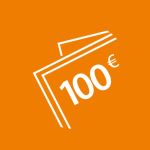 Symbol stilisierter weißer Geldscheine auf orangefarbenem Hintergrund mit dem weißen Text „100 €“ als Symbol für eine Währung oder Geld, insbesondere in Euro.