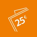 Orangefarbener Hintergrund mit einem weißen stilisierten Geldbörsensymbol, das die Zahl „25“ gefolgt von einem Euro-Symbol (€) zeigt.