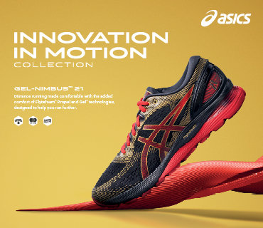 Auf gelbem Untergrund ist ein farbenfroher ASICS-Laufschuh abgebildet, überwiegend schwarz mit roten und goldenen Akzenten. In weißer Schrift steht „Innovation in Motion Collection“ und „GEL-NIMBUS 21“. Oben rechts ist das ASICS-Logo zu sehen.