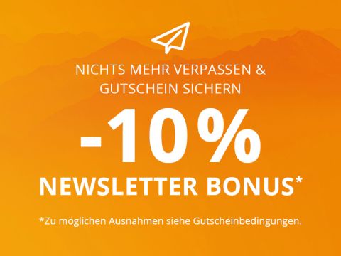 Orangefarbener Hintergrund mit einem Papierflieger-Symbol oben. Der Text auf Deutsch lautet: „NICHTS MEHR VERPASSEN & GUTSCHEIN SICHERN -10 % NEWSLETTER BONUS*“ mit einem Hinweis zu den Allgemeinen Geschäftsbedingungen.