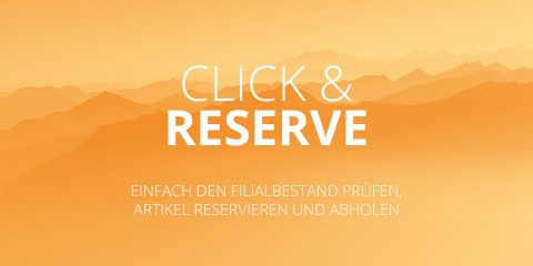 Text „Click & Reserve“ über einem Hintergrund mit Farbverlauf von Gelb zu Orange, der einer Berglandschaft ähnelt. Unten steht der Text „Einfach den Filialbestand prüfen, Artikel reservieren und abholen“, was übersetzt „Einfach den Filialbestand prüfen, Artikel reservieren und abholen“ bedeutet.