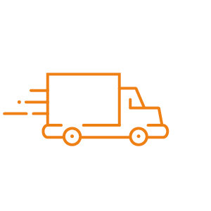 Symbol eines orangefarbenen Lieferwagens mit Bewegungslinien, die die Geschwindigkeit anzeigen, auf einem weißen Hintergrund.