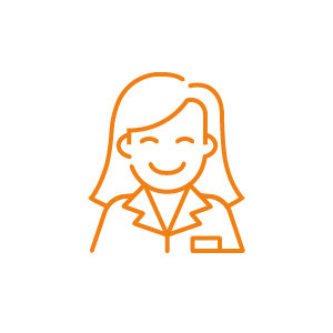 Strichzeichnung einer lächelnden Person mit langen Haaren, die einen Anzug mit Tasche trägt, dargestellt in Orange. Der Stil ist einfach und minimalistisch. Der Hintergrund ist weiß.