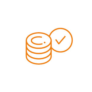 Ein orangefarbener Umriss eines Münzstapels neben einem Kreis mit einem Häkchen darin. Das Design ist einfach und minimalistisch vor einem weißen Hintergrund.