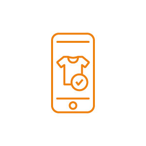 Eine einfache orangefarbene Strichzeichnung eines Smartphones, das ein T-Shirt-Symbol mit einem Häkchen anzeigt. Das Design suggeriert die Online-Auswahl von Kleidung oder das Einkaufen auf einem Mobilgerät vor einem weißen Hintergrund.