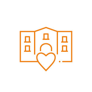 Umriss eines Krankenhausgebäudes mit einem Herzsymbol davor, dargestellt in orangen Linien auf weißem Hintergrund.