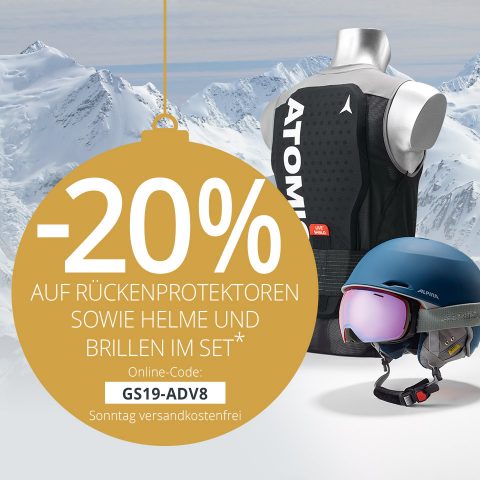 Werbebild mit einem 20% Rabattangebot auf Ski-Rückenprotektoren, Helme und Brillen im Set. Enthält einen Rückenprotektor, einen Helm mit Brille und einen schneebedeckten Berghintergrund. Beinhaltet den Online-Code: GS19-ADV8 und kostenlosen Versand am Sonntag.