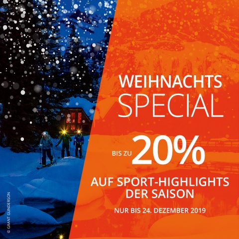 Festliche Werbung mit Skifahrern in einer verschneiten Nachtszene auf der linken Seite und leuchtend orangefarbenem Text mit der Aufschrift „Weihnachts Special bis zu 20 % auf Sport-Highlights der Saison, nur bis 24. Dezember 2019“.