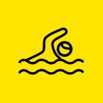 Symbol eines Schwimmers in einem Schwimmbecken, dargestellt mit minimalistischer schwarzer Umrandung auf gelbem Hintergrund. Der Schwimmer wird in einer Freistilschwimmposition mit einem nach vorne ausgestreckten Arm gezeigt.