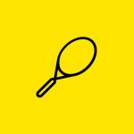 Illustration der schwarzen Umrisse eines Tennisschlägers auf leuchtend gelbem Hintergrund.