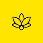 Der einfache schwarze Umriss einer Lotusblume mit fünf Blütenblättern steht zentriert auf einem leuchtend gelben Hintergrund.